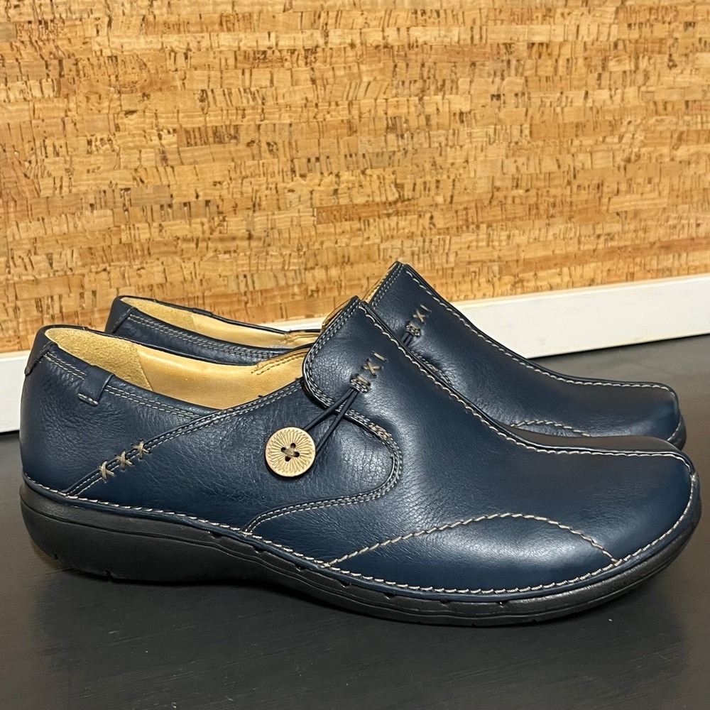 Clarks Womens Navy Blue Leather‎ Button Loafers Slip On Shoes 11W 260850744110